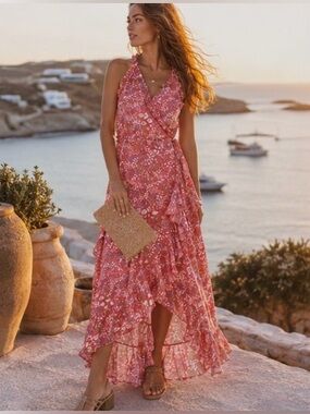 NWT Poupette St Barth Tamara V Long Dress in Red Tulip | Size Sm | Retail $410